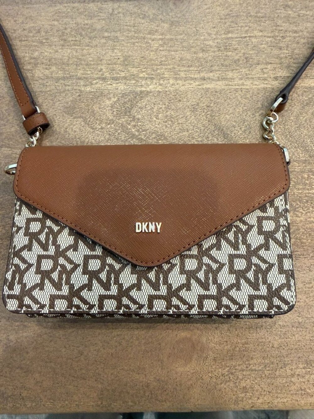 DKNY Signature Monogram Crossbody Bag – Brown/Tan – Excellent Condition